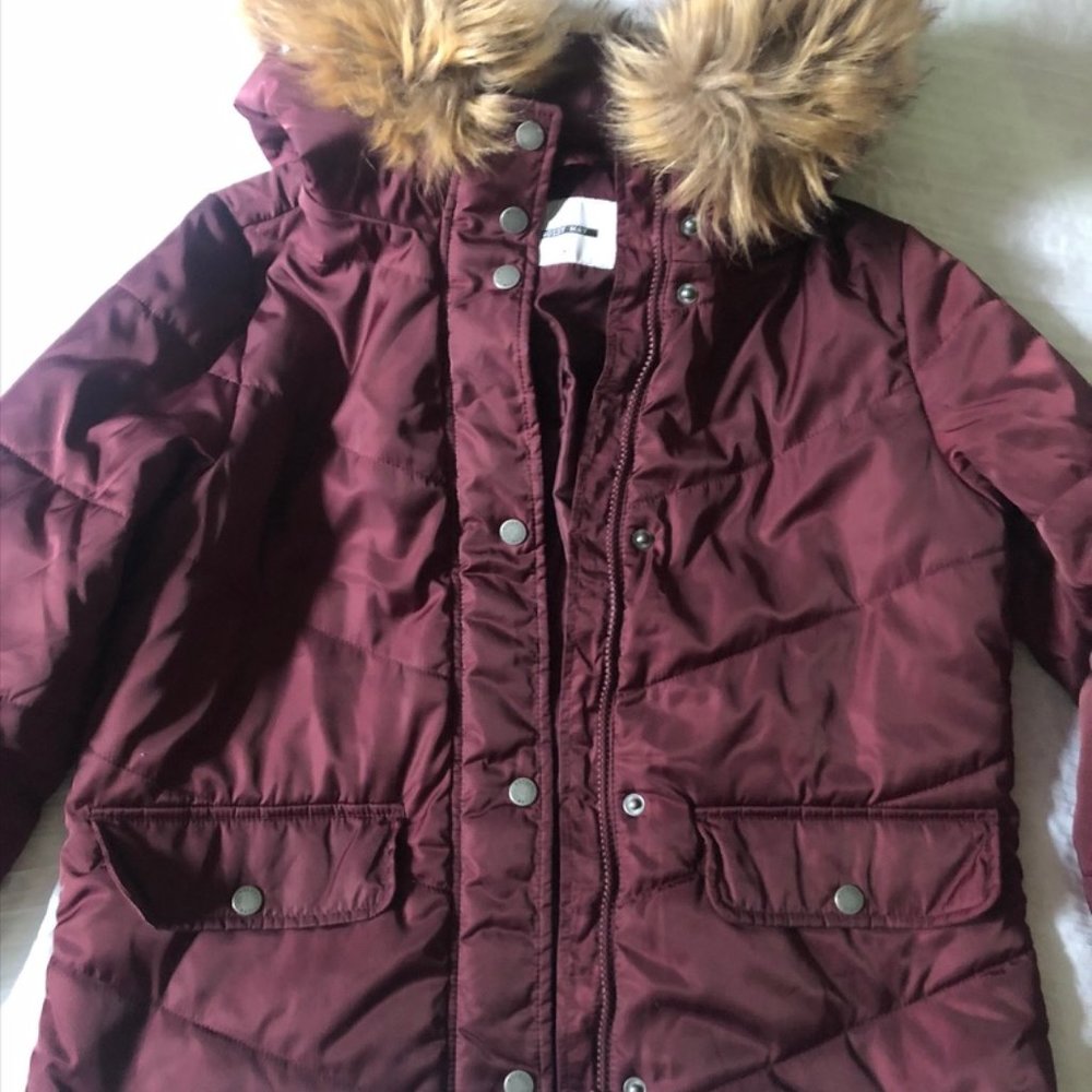 Noisy May Winter Jacket with Faux Fur Hood -Maroon